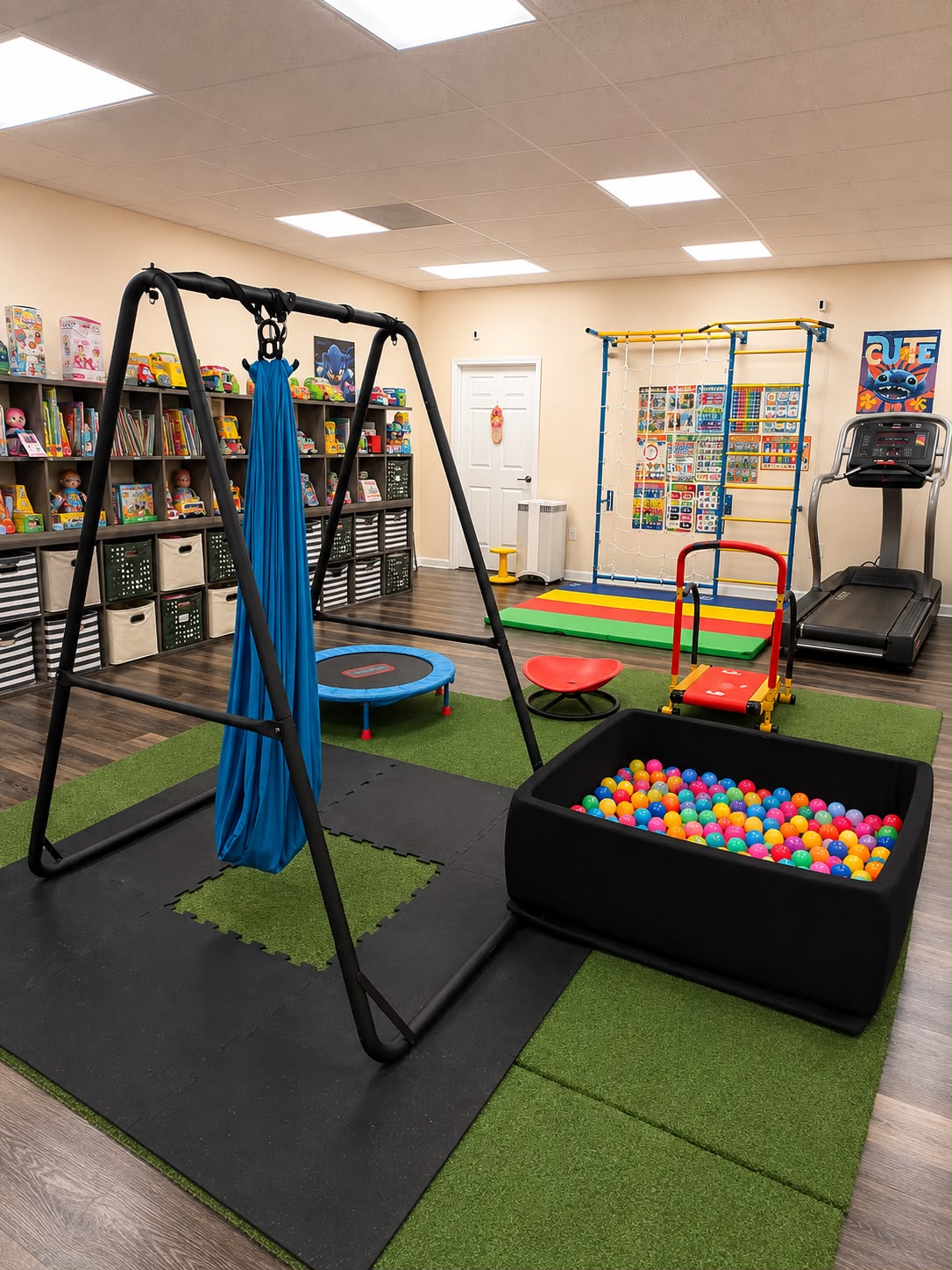 Sensory motor area with therapy swing and ball pit