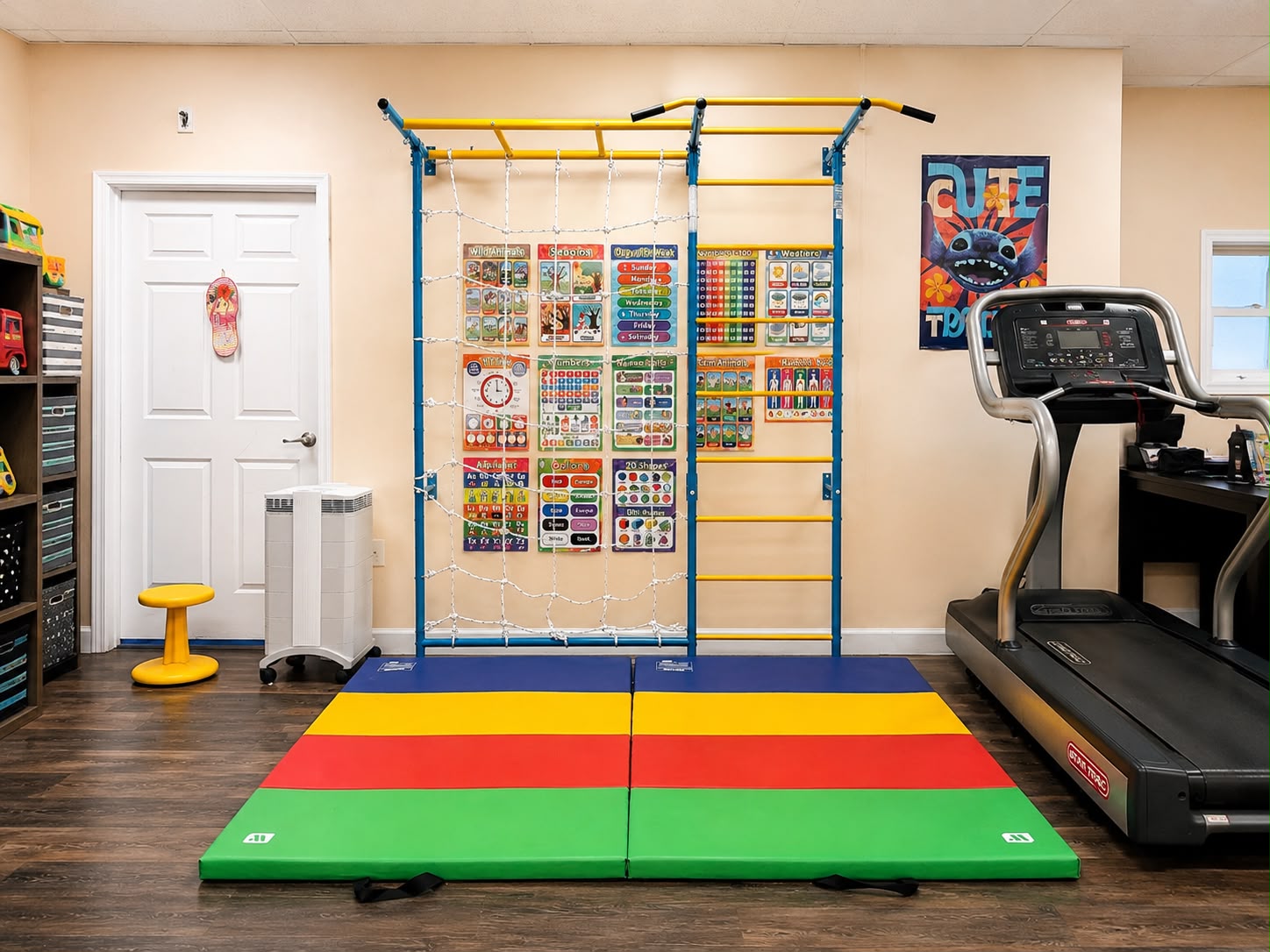 Sensory gym with climbing wall, ladder and learning boards