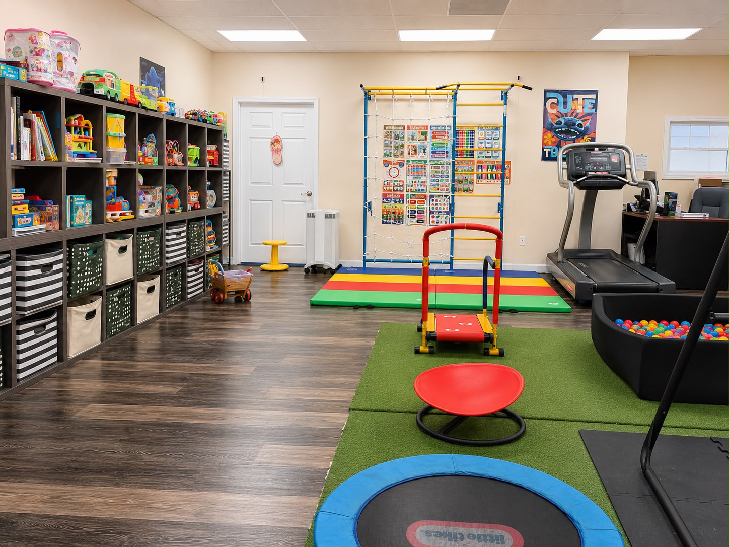 Play and learning area with toy library, trampoline and ball pit