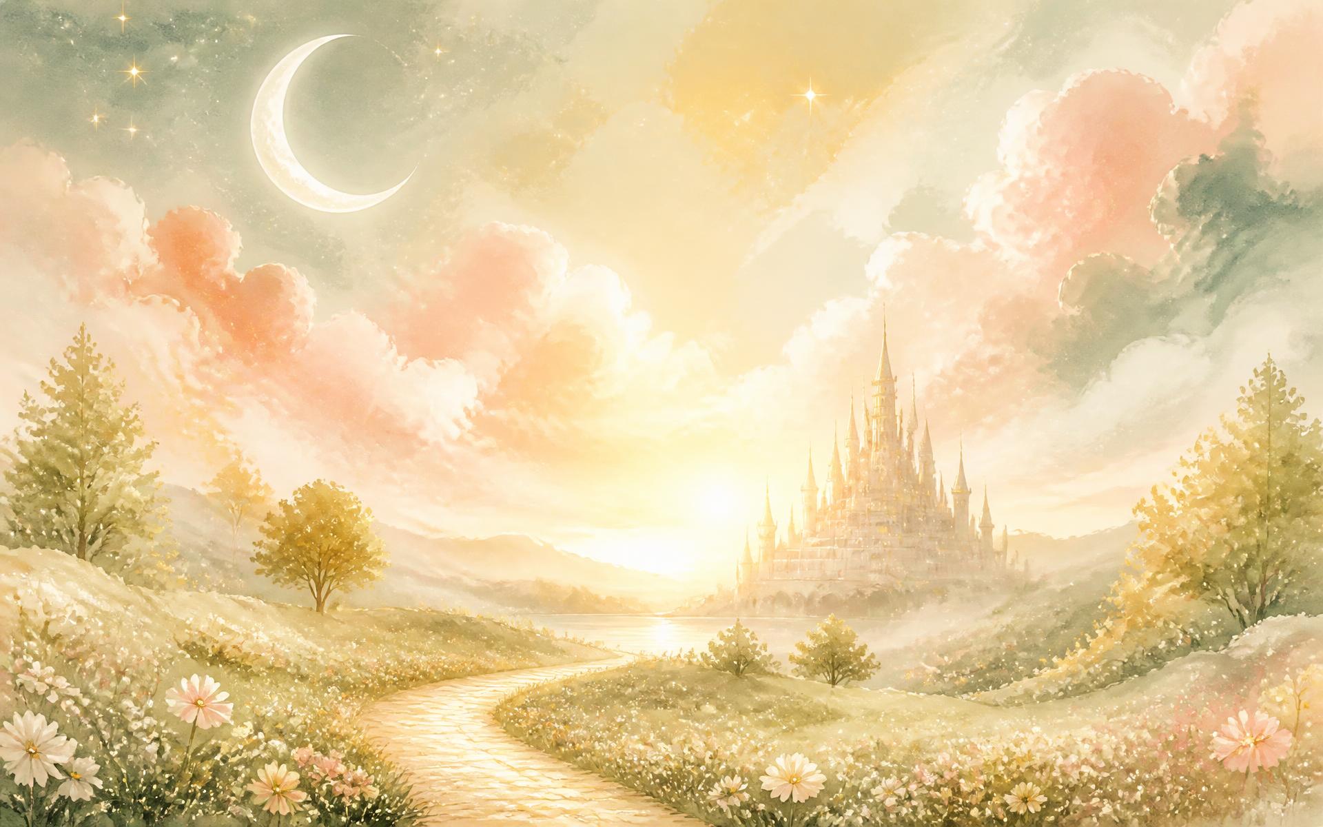 Golden pathway winding through a peaceful meadow toward a light-filled castle beneath a starry dawn sky