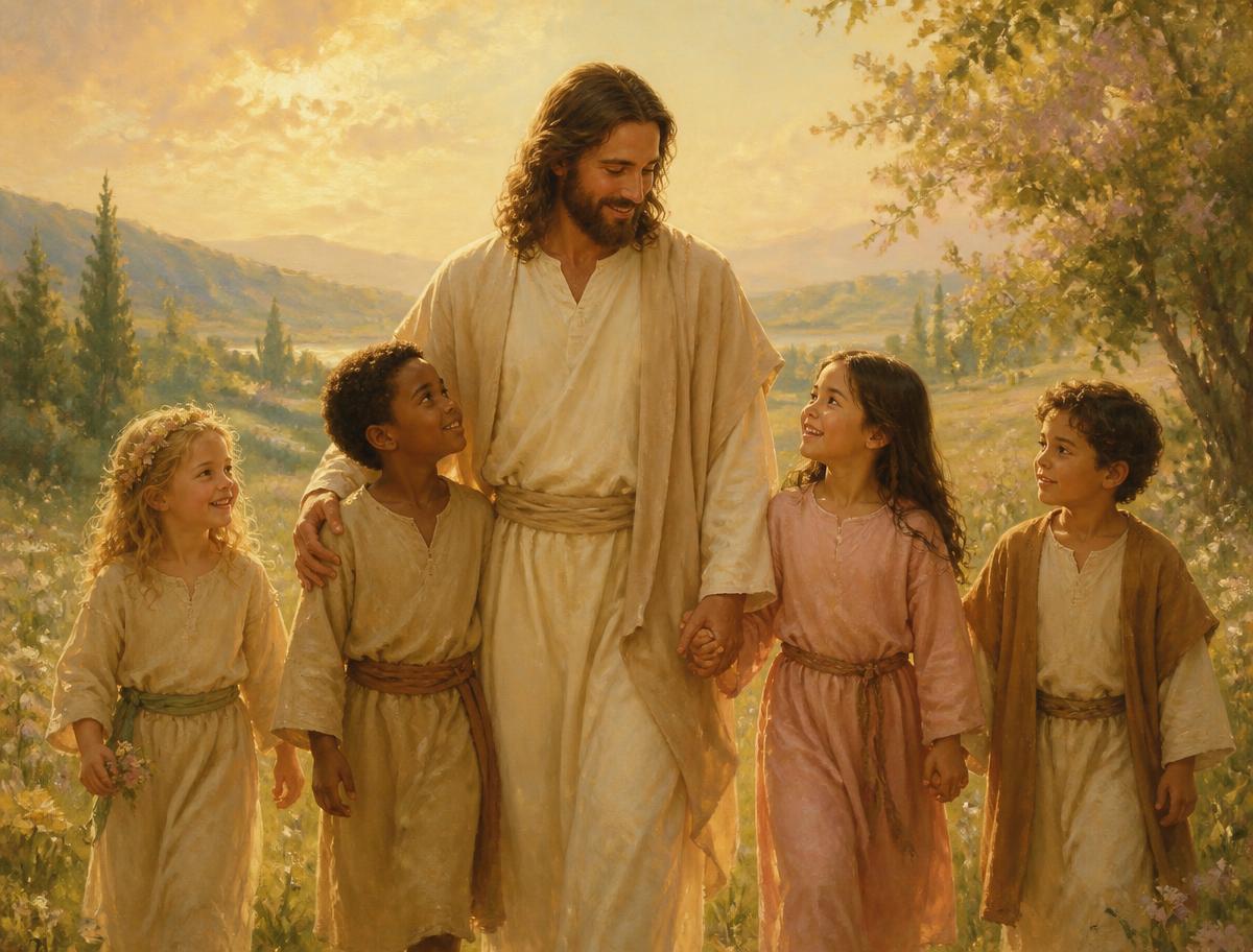Painting of Jesus walking with and welcoming children in a sunlit meadow